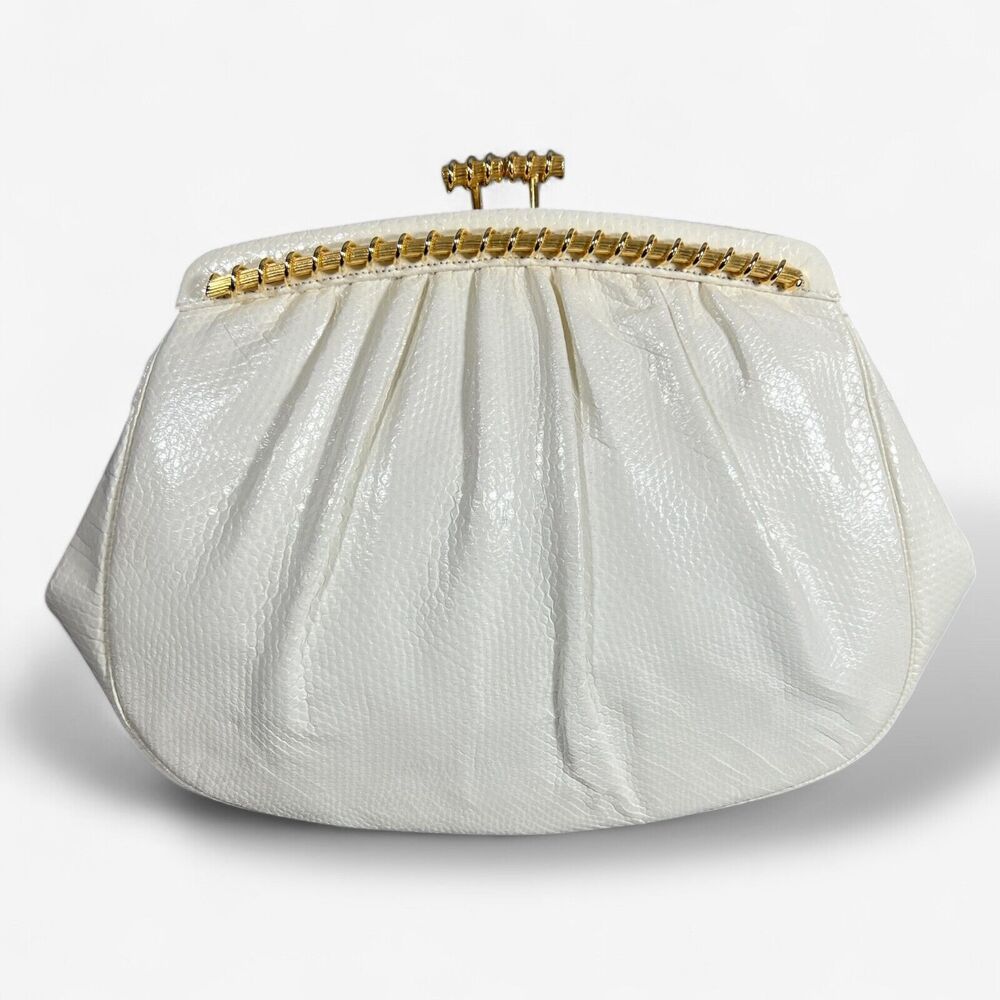 JUDITH LEIBER VTG White Lizard Leather Gold Tone Clasp Evening Bag Clutch access